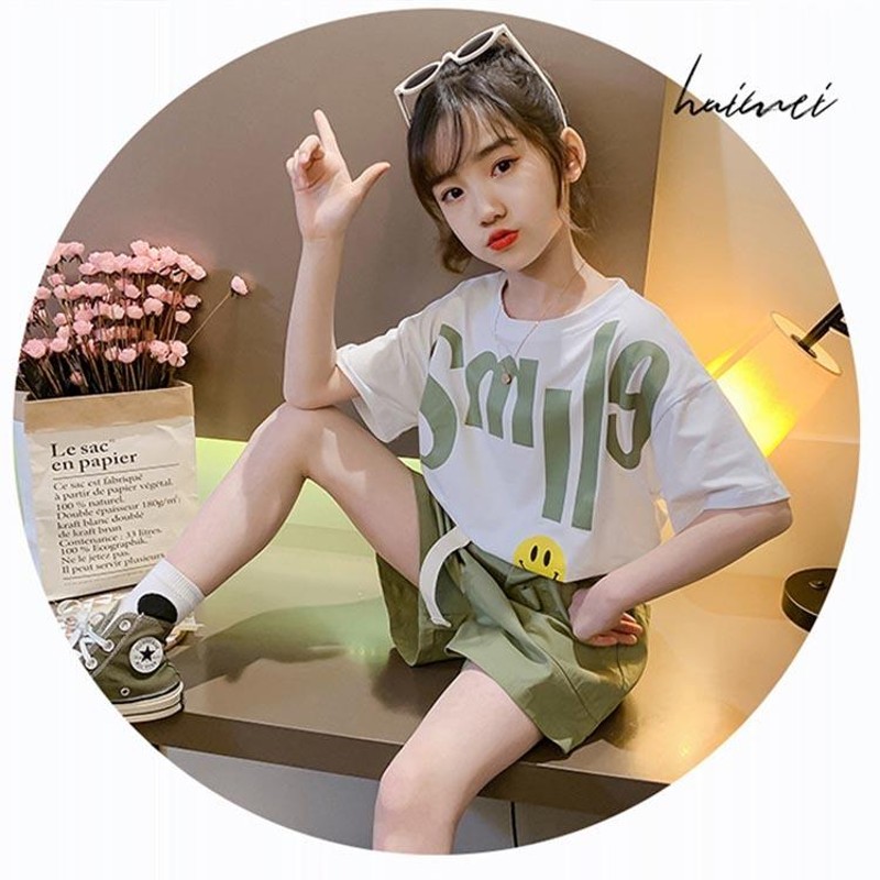 子供服 セットアップ 女の子 春夏 半袖 上下セット 韓国子供服 キッズ ジュニア Tシャツ デニムパンツ ショート丈 可愛い おしゃれ 小学生  通学着 LINEショッピング