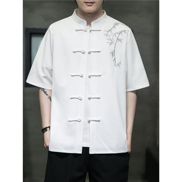 唐裝男夏季薄款中國風男裝古風寬松大碼胖子禪茶服短袖中式襯衫