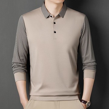 秋冬款POLO衫 長袖polo衫 工作服 速乾吸濕排汗 春秋季男士薄款翻領長袖POLO衫條紋袖商務T恤總裁風休閒高檔上衣