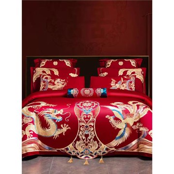 結婚四件套大紅色全棉龍鳳喜慶被套刺繡中式新婚慶嫁房禮床上用品