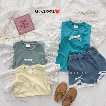 🌈✨mix1001❤️可愛🎀造型緹花袖造型上衣✨兒童蝴蝶結花瓣造型長版上衣 5-17