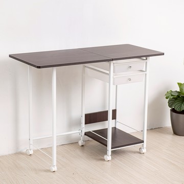 【拜爾家居】高機能摺疊桌附抽屜-簡約胡桃木配白管  MIT台灣製造 收納折疊桌