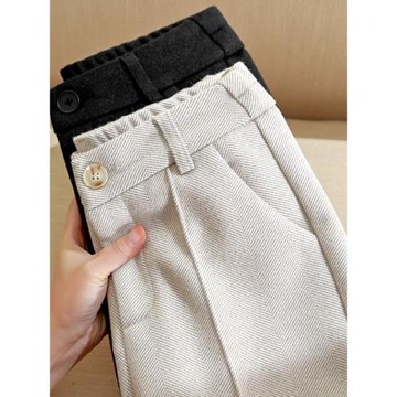 毛呢褲女秋冬2025新款高腰顯瘦直筒煙管褲加絨加厚哈倫休閑西裝褲