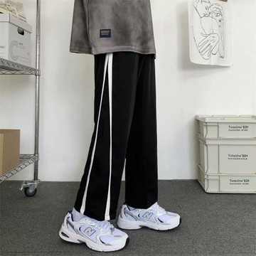 美式高街vibe風褲子男春秋oversize條紋運動衛褲直筒闊腿休閑長褲