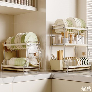 APP下單享點數9% 奶油白不銹鋼廚房碗架置物架家用臺面放碗盤碗筷瀝水架碗碟收納架