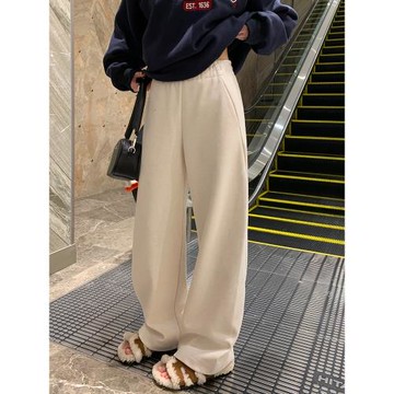 秋冬加絨彎刀闊腿褲顯瘦寬松香蕉垂感拖地褲白色醋酸羊毛呢褲子女