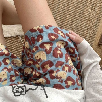 Xuan♥ 遛彎褲夏季女生百搭休閒睡褲短褲舒適寬鬆薄款闊腿褲家居印花卡通
