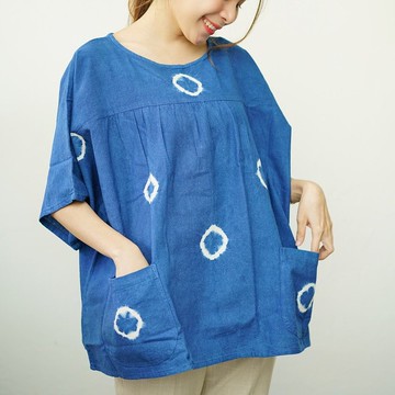 Oversize -  靛藍色小圓圈紮染襯衫