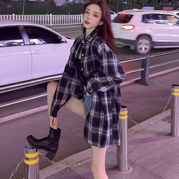 襯衣女春秋ulzzang薄款寬松開衫外套ins潮復古格子襯衫上衣服
