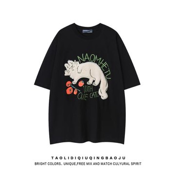 國潮牌慵懶貓咪植絨圓領短袖T恤女夏季休閑210g重磅寬松情侶體恤