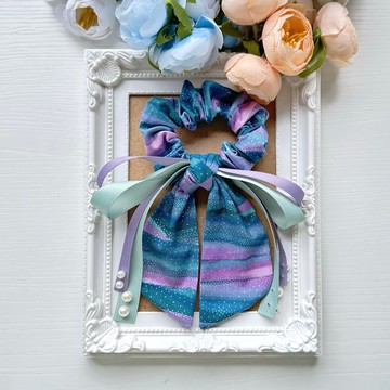 棉布長尾蝴蝶結髮圈大腸圈髮飾-藍紫波浪