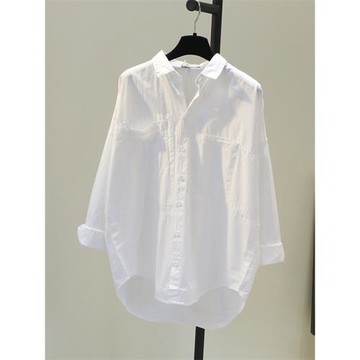 清倉撿漏~外貿春秋新款雙口袋前短后長白色寬松休閑棉襯衫上衣女