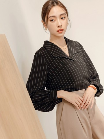 小V臉．V領條紋翻領開襟上衣/襯衫