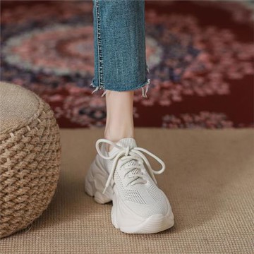 厚底老爹鞋女2023夏季新款網面透氣小白鞋薄款鏤空白色系帶運動鞋
