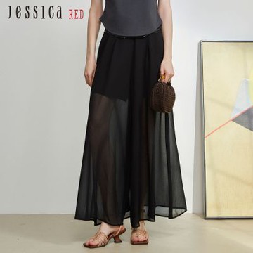 JESSICA RED - 寬鬆百搭雪紡透膚長寬褲R63202
