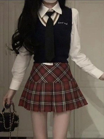 胖mm復古紅格子百褶裙女秋季jk半身裙甜美減齡遮胯顯瘦大碼短裙子