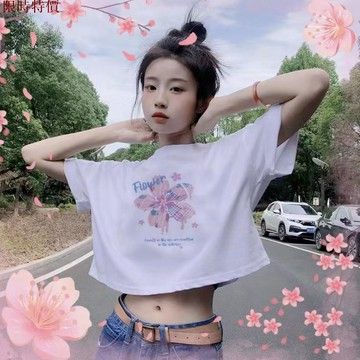 熱銷🔥 【100%純棉】韩版短袖上衣女 短袖 短T 新款辣妹裝短款t恤女 短板上衣女 高腰短袖女 上衣女 女装 短Tあ