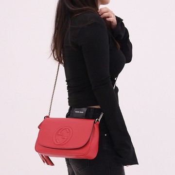 GUCCI 536224 SOHO 大雙G浮雕LOGO流蘇肩斜鏈條包.紅