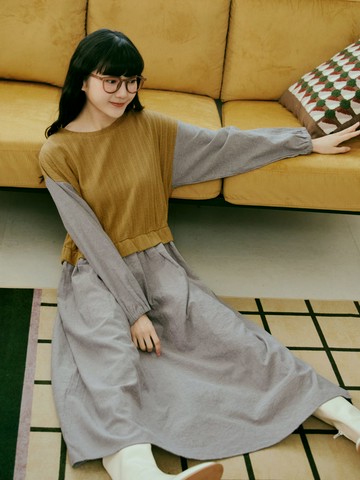 假兩件撞色拼接寬鬆洋裝