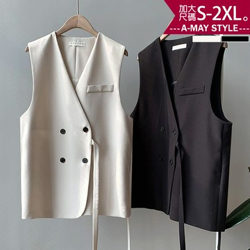 加大碼女裝 馬甲背心 無袖上衣 英倫風寬鬆繫帶西裝背心外套(S-2XL)【XG250933】＊艾美時尚(現+預)