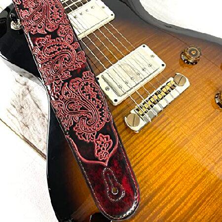 Walker Williams Handmade Fire Wine Red Padded Leather Guitar Strap with Vintage Paisley Pattern For Acoustic, Electric, And Bass Guitars GB-30