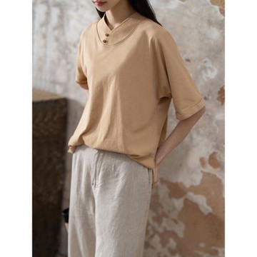 (免運)言作原創手工盤扣新疆長絨棉氣質新中式古典T恤【一顆卉籽 三】