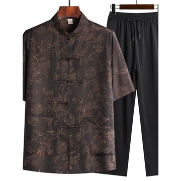 夏裝中老年男士唐裝冰絲中式套裝國風爺爺生日老人短袖襯衣爸爸裝