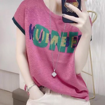 清倉產品全新特價寬松休閑薄款冰絲圓領針織撞色字母短袖減齡上衣