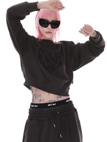 Hip Hop Heart Graphic Crop Raglan Sweatshirt [Khaki]