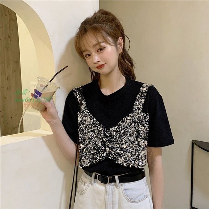 重ね着風 かわいい 衣装 オルチャン 韓国 スパンコール ストリート ビスチェ Tシャツ 半袖 ダンス ラメ 原宿系 キャミ トップス 通販 Lineポイント最大get Lineショッピング