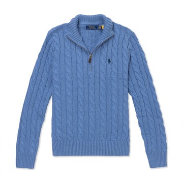 Polo Ralph Lauren RL 熱銷刺繡小馬立領半開襟麻花毛衣-水藍色