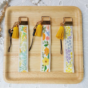 黃色系韓國花布流蘇手機防摔手腕帶