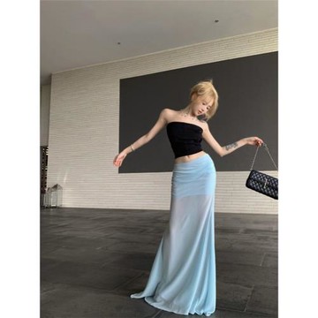 海邊網紗裙藍色半身裙女裝夏季辣妹高腰魚尾裙長裙氣質包臀裙裙子