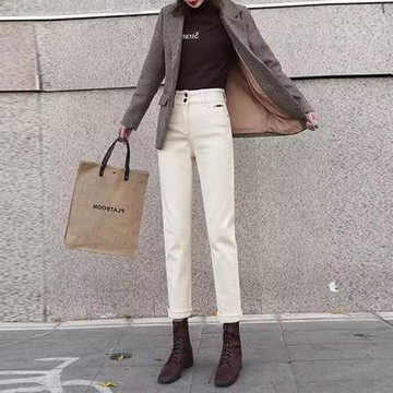 杏色牛仔褲女秋冬新款復古高腰哈倫闊腿褲九分褲寬松休閑煙管長褲