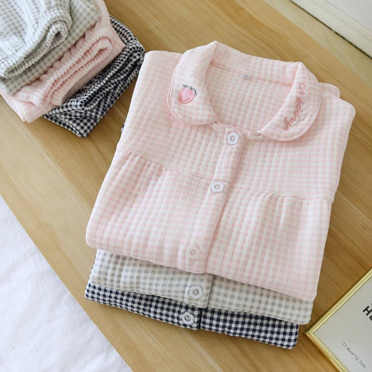 日系純棉睡衣女秋冬季空氣棉加厚保暖長袖夾棉大碼格子家居服套裝 林之舍家居