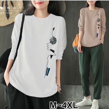 【QV3621】魔衣子-純色印花圓領長袖上衣