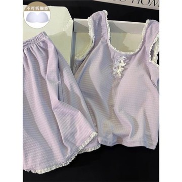 甜美紫色蝴蝶結純棉睡衣女新款夏季帶胸墊吊帶背心短褲家居服套裝