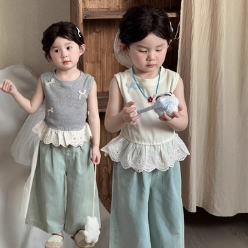 夏季新品女寶寶韓版花邊無袖上衣兒童甜美蝴蝶結蕾絲公主背心