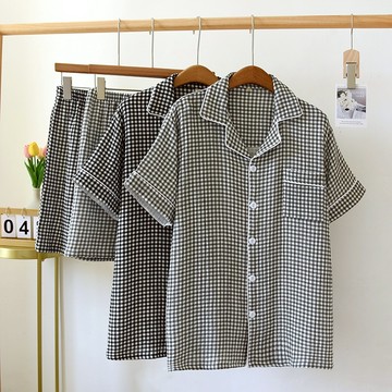 夏季男生睡衣家居服 100%純棉小格子短袖短褲睡衣套裝縐紗棉薄睡衣居家服透氣舒適可外穿男生短袖睡衣套裝