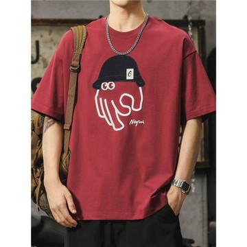 潮牌涼感T恤男2025超火紅色短袖寬松大碼半袖體恤夏季設計感上衣