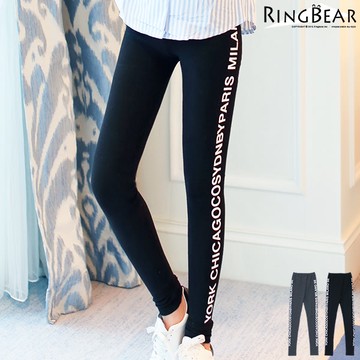 內搭褲--超高彈力運動風雙側英文印圖鬆緊腰頭窄管貼腿內搭褲(黑.灰XL-4L)-P128眼圈熊中大尺碼