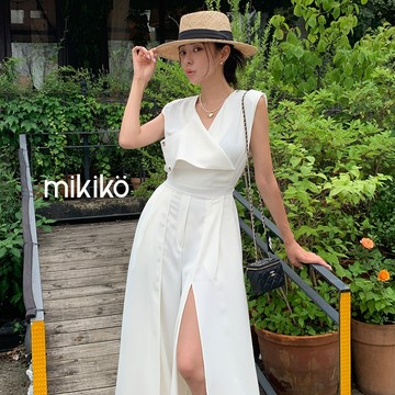 美木子｜V領無袖連身褲【S206155】韓國東大門 法式氣質 開叉設計 高級感 寬鬆顯瘦 女生連身褲