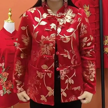 中老年秋冬季複古盤扣加絨立領開衫印花新款保暖上衣休閒寬鬆外套 立領外套 韓版外套 秋季外套 韓風外套 女生大衣