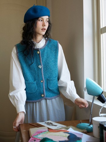 灰色/藍色 調色盤 文藝花紗撞色包邊馬甲 毛衣疊搭背心 UPW紗線