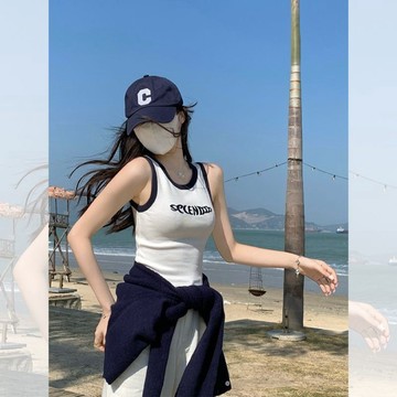 純棉短字母刺繡吊帶背心女工字外穿夏季修身辣妹無袖打底上衣潮 夏季背心 無袖背心女 6Y