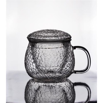 錘紋加厚耐熱大號家用辦公室玻璃泡茶杯帶蓋過濾馬克杯子三件套