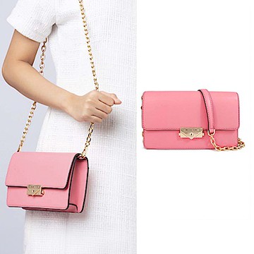 MICHAEL KORS Cece 中款金色壓扣素面金鏈掀蓋斜背包(茶花粉色/中)