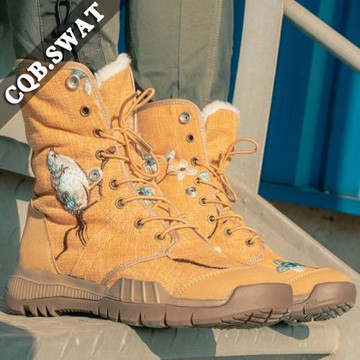 冬季保暖加絨高幫國風刺繡運動登山靴休閑靴工裝馬丁靴帆布訓練靴