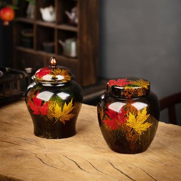 手工大漆楓葉瓷胎茶葉罐福州漆器密封儲存罐醒茶倉創意茶空間裝飾