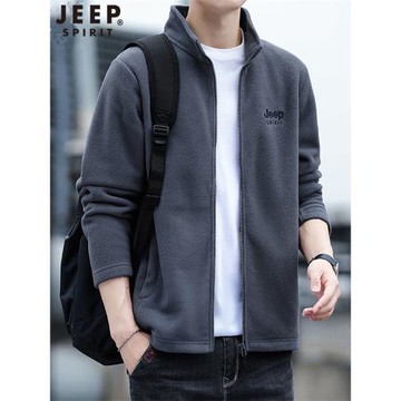 吉普JEEP夾克男秋冬季簡約立領刺繡保暖抗皺抓絨衣男裝搖粒絨外套